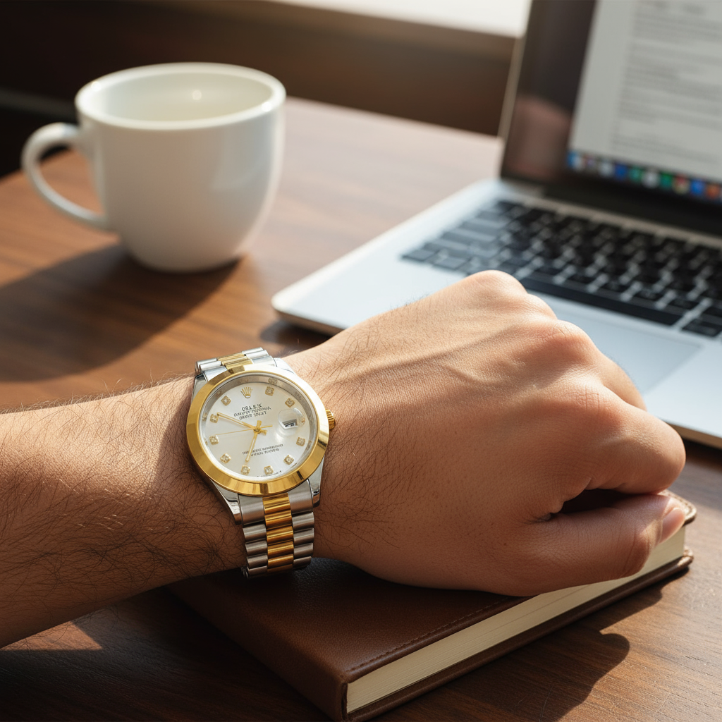 Elegant Gold & Silver Quartz Watch with Date Display