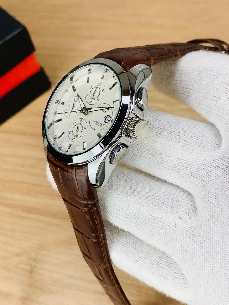 Chronograph Watch with Textured Leather Strap and Multifunction Dial