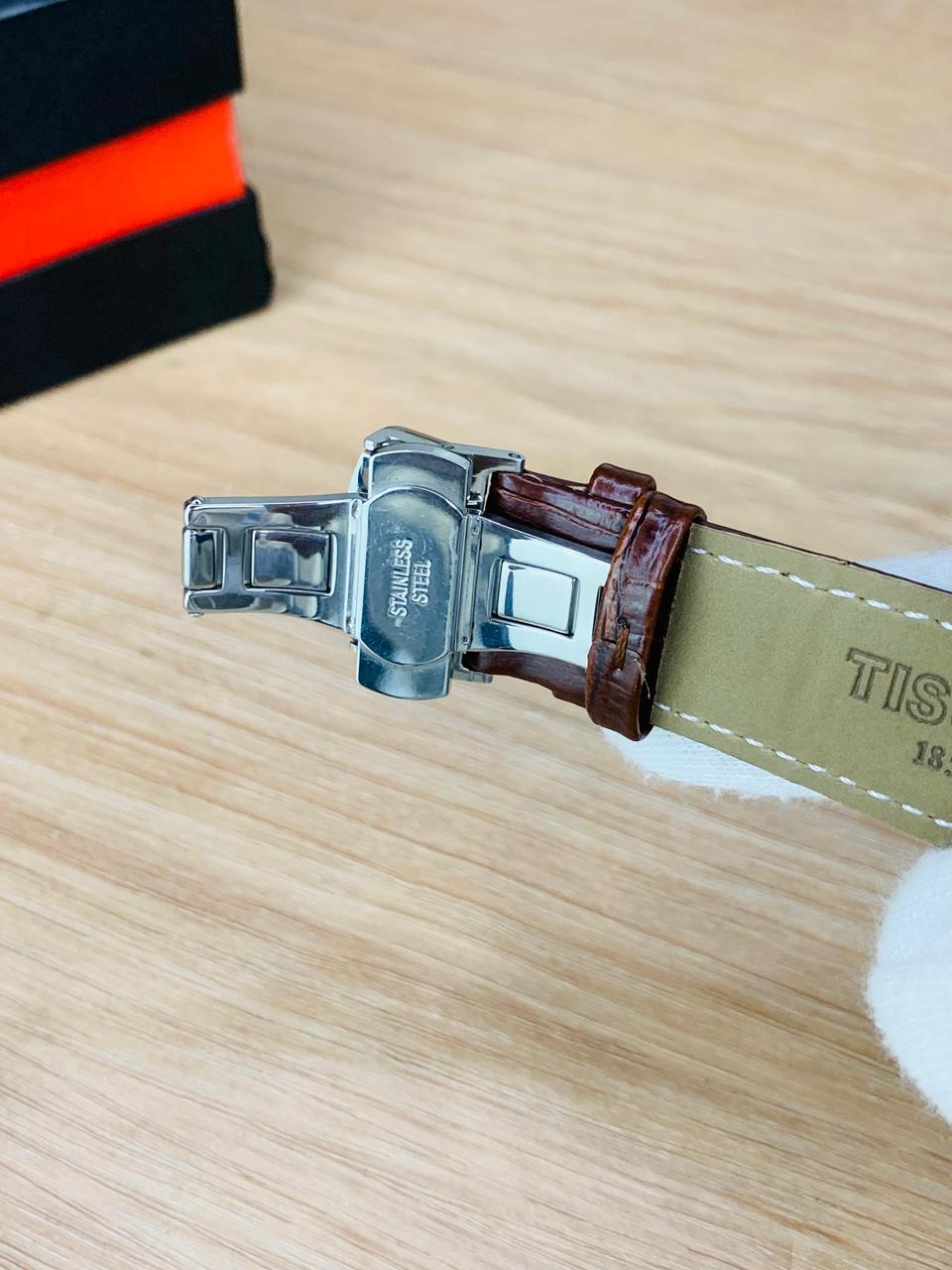 Chronograph Watch with Textured Leather Strap and Multifunction Dial