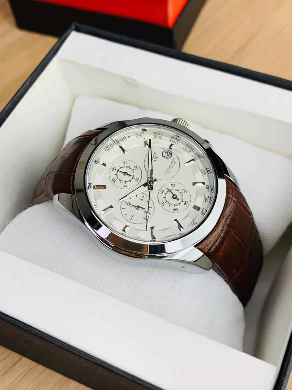 Chronograph Watch with Textured Leather Strap and Multifunction Dial