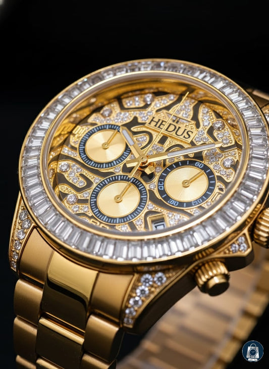 Luxury Gold Chronograph Watch with Diamond-Inspired Detailing