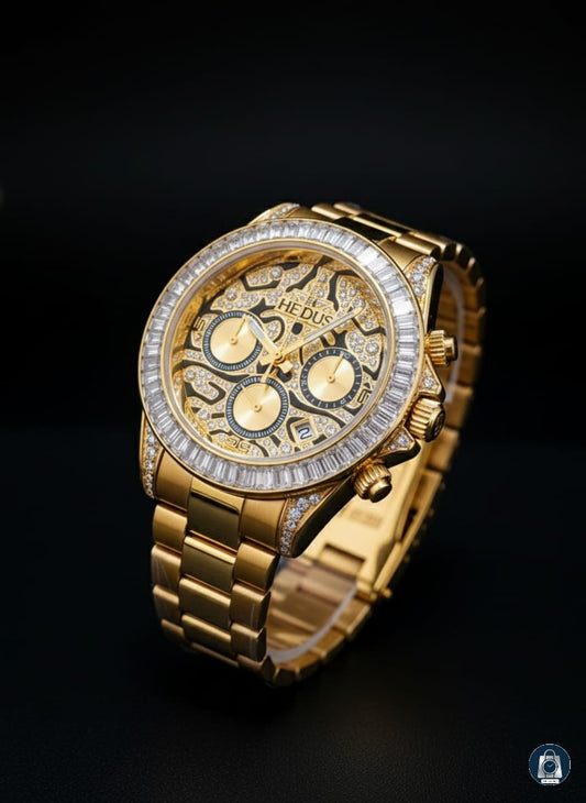 Luxury Gold Chronograph Watch with Diamond-Inspired Detailing