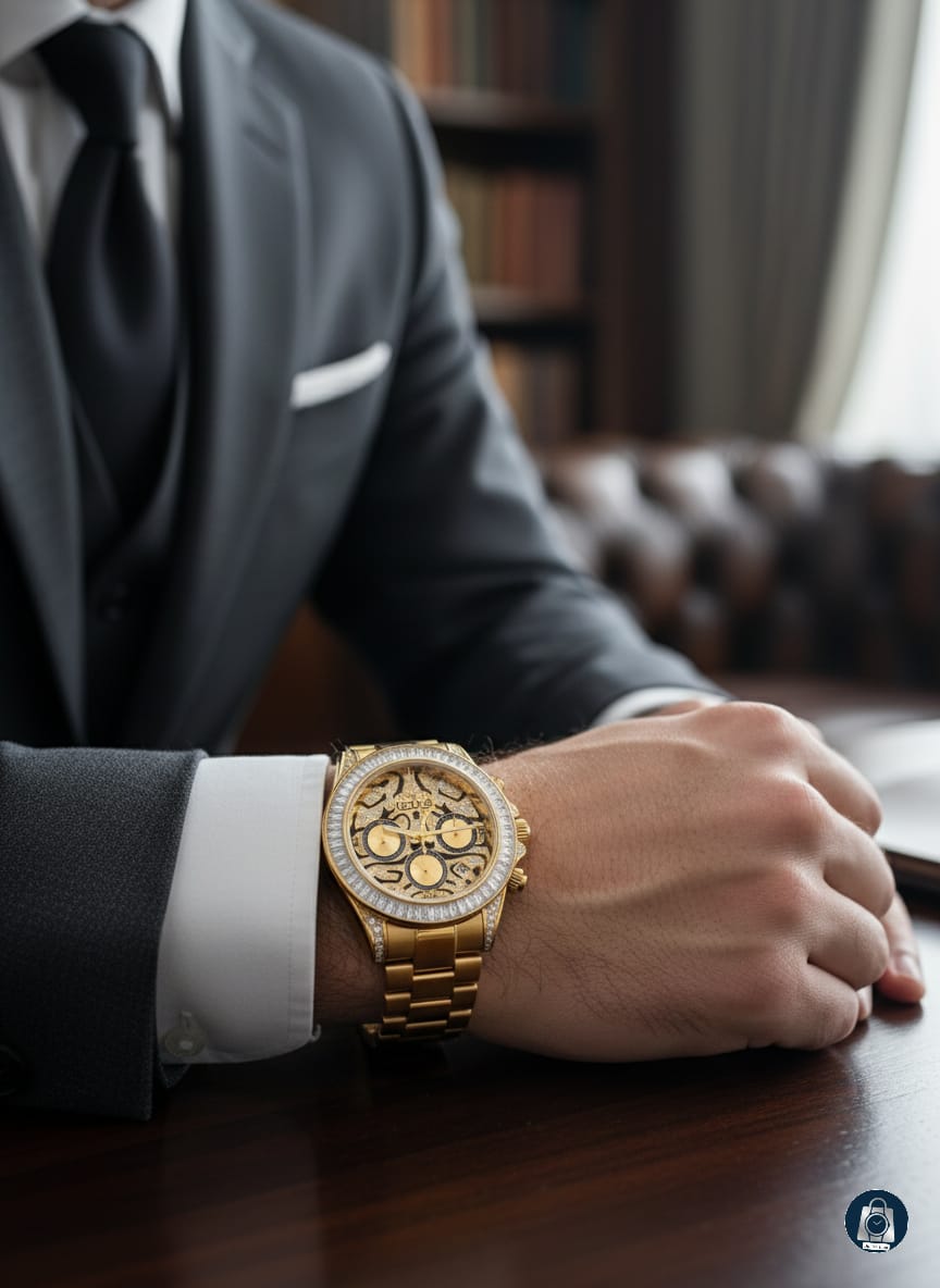 Luxury Gold Chronograph Watch with Diamond-Inspired Detailing