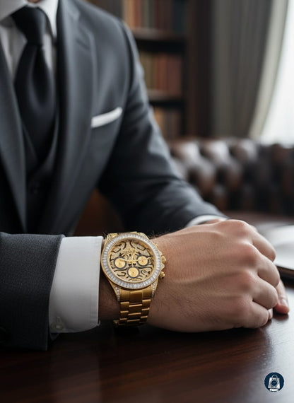 Luxury Gold Chronograph Watch with Diamond-Inspired Detailing