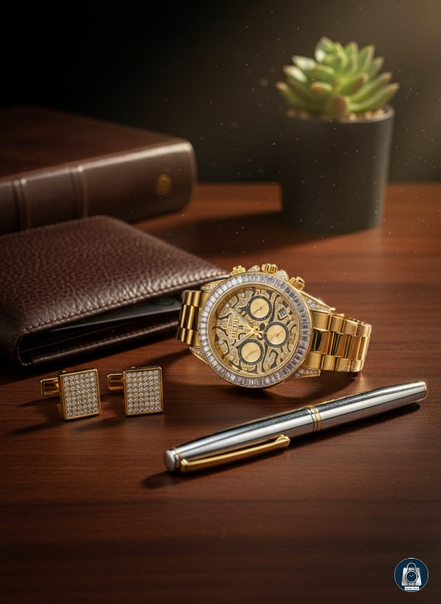 Luxury Gold Chronograph Watch with Diamond-Inspired Detailing
